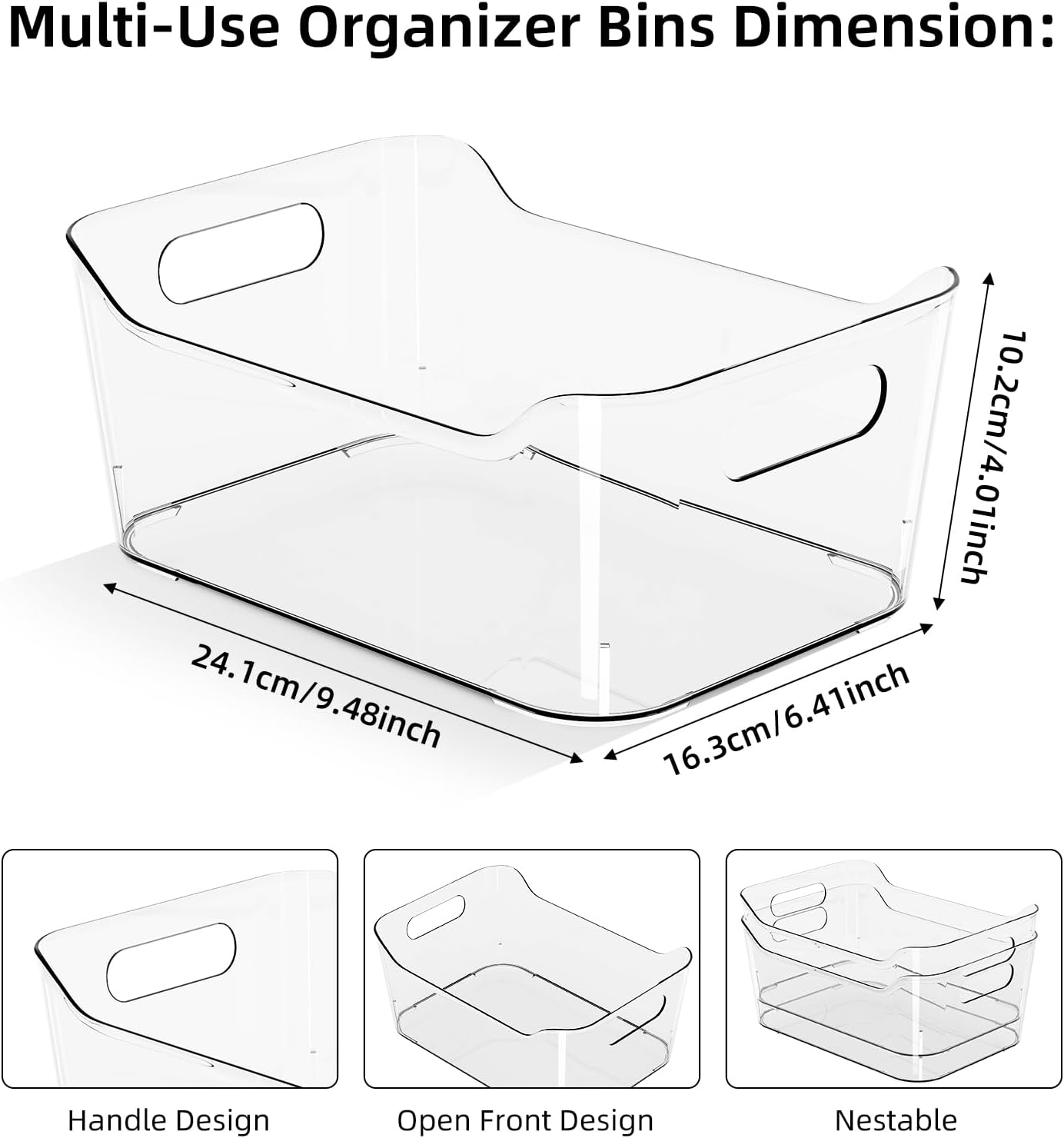 12 Pack Clear Plastic Storage Bins, Pantry Organizers and Storage, Multi-Use Clear Pantry Organizer Bins Storage Containers with Handles for Kitchen, Bathroom, Freezer, Cabinet, Office