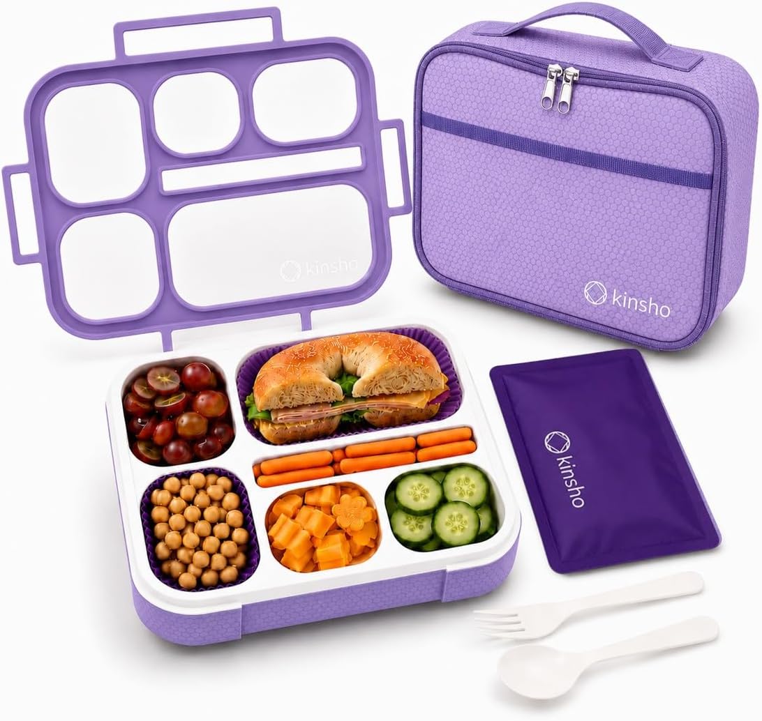kinsho Lunch Box for Kids Boys Girls - Bento Box Set with Insulated Bag and Ice Pack, 6 Compartment Leak Proof Food Container, BPA-Free, Microwave Safe, Ideal for School & Work, Teal