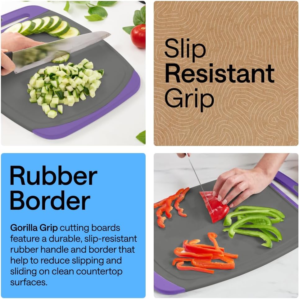 GORILLA GRIP BPA-Free Reversible Kitchen Cutting Board Set of 3, US Designed, Nonporous, Juice Grooves Catch Liquid, Slip Resistant Border, Dishwasher Safe, Durable Large Food Chopping Boards, Black