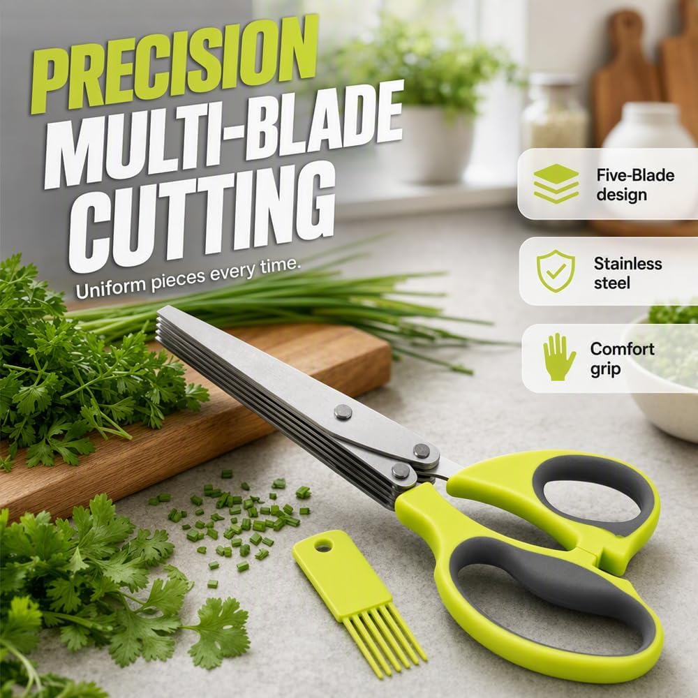 Herb Scissors, 5 Blade Kitchen Scissors with Cleaning Comb
