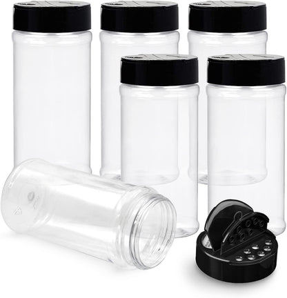 Plastic Spice Jars Bottle Containers with Black Cap, 16 Oz, 6 Pack