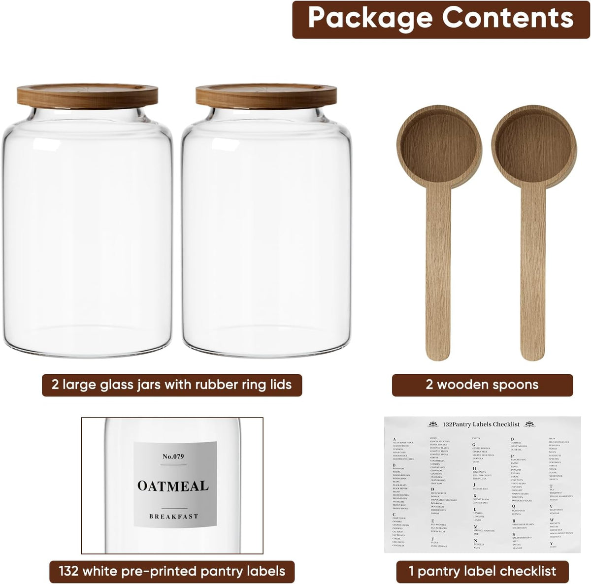 2 PCS Flour Sugar Storage Containers Glass Jar, 4000ml/1 Gallon/4.2 Qt/135oz,Large Glass Food Storage Jars with Wood Airtight Lids,for Tea,Spice,Cereal Rice Flour Pasta Sugar