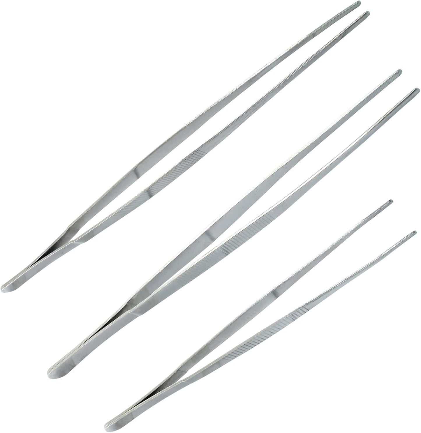 3Pcs Stainless Steel Tweezer Set (8" 10" 12"), Kitchen Tweezers Tongs, Cooking Tweezers with Precision Serrated Straight Tips, Long Handle Food Tweezers for Culinary, Bar, BBQ, Plating