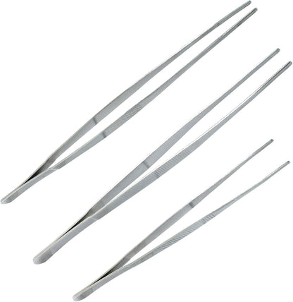 3Pcs Stainless Steel Tweezer Set (8" 10" 12"), Kitchen Tweezers Tongs, Cooking Tweezers with Precision Serrated Straight Tips, Long Handle Food Tweezers for Culinary, Bar, BBQ, Plating