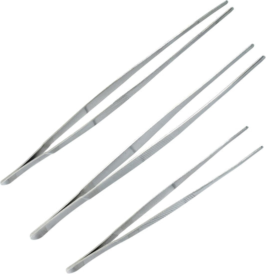 3Pcs Stainless Steel Tweezer Set (8" 10" 12"), Kitchen Tweezers Tongs, Cooking Tweezers with Precision Serrated Straight Tips, Long Handle Food Tweezers for Culinary, Bar, BBQ, Plating