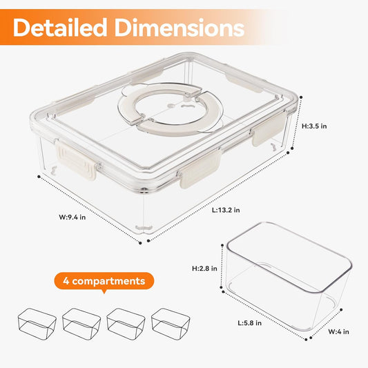 Divided Serving Tray with Lid & Handle, 4 Compartment Removable Snack Box, Kitchen Organizers and Storage, Snackle Box Container, BPA-Free Fruit Storage Container for Berry, Snack, Candy, Nuts…
