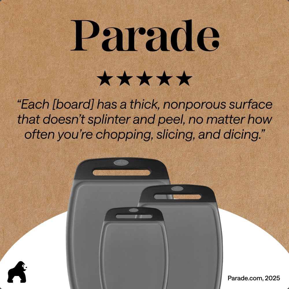 GORILLA GRIP BPA-Free Reversible Kitchen Cutting Board Set of 3, US Designed, Nonporous, Juice Grooves Catch Liquid, Slip Resistant Border, Dishwasher Safe, Durable Large Food Chopping Boards, Black