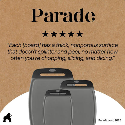GORILLA GRIP BPA-Free Reversible Kitchen Cutting Board Set of 3, US Designed, Nonporous, Juice Grooves Catch Liquid, Slip Resistant Border, Dishwasher Safe, Durable Large Food Chopping Boards, Black
