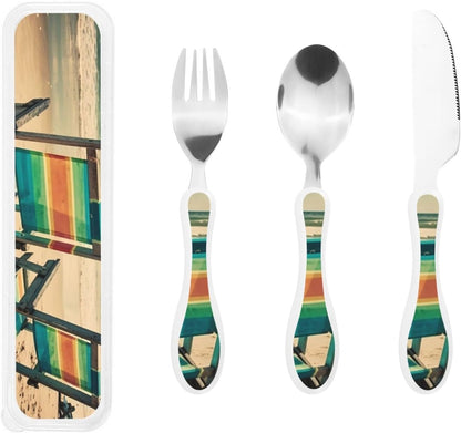 3-Piece Kids Silverware Set With Storage Case, Stainless Steel Reusable Children Safe Knife Spoon Fork Set Beach House Children Flatware Set For Kids Lunch Box