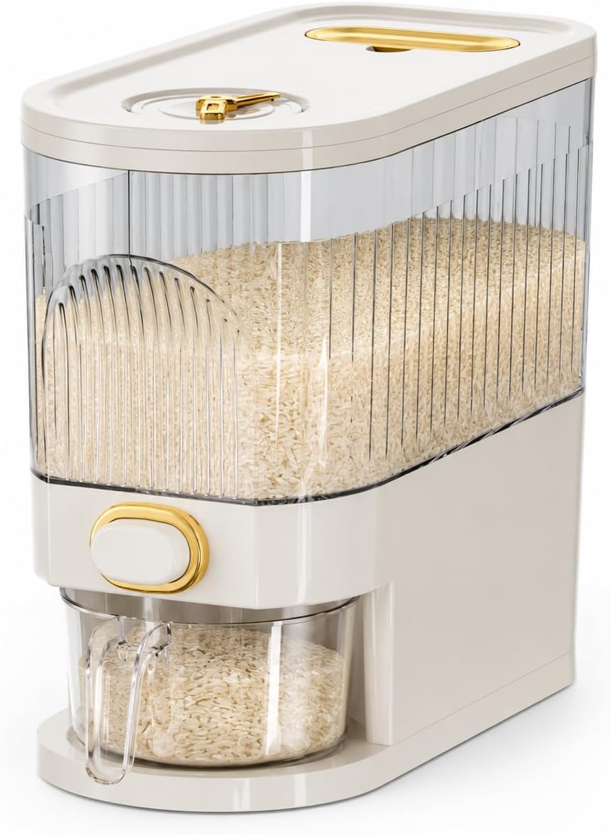 22-Pound Transparent High-Capacity Rice Bin Features a Lid, Time Scale, and Measuring Cup，a Sealed Moisture Proof Grain Storage Container Suitable for Storing Rice, Corn, and More. (22, Pounds)