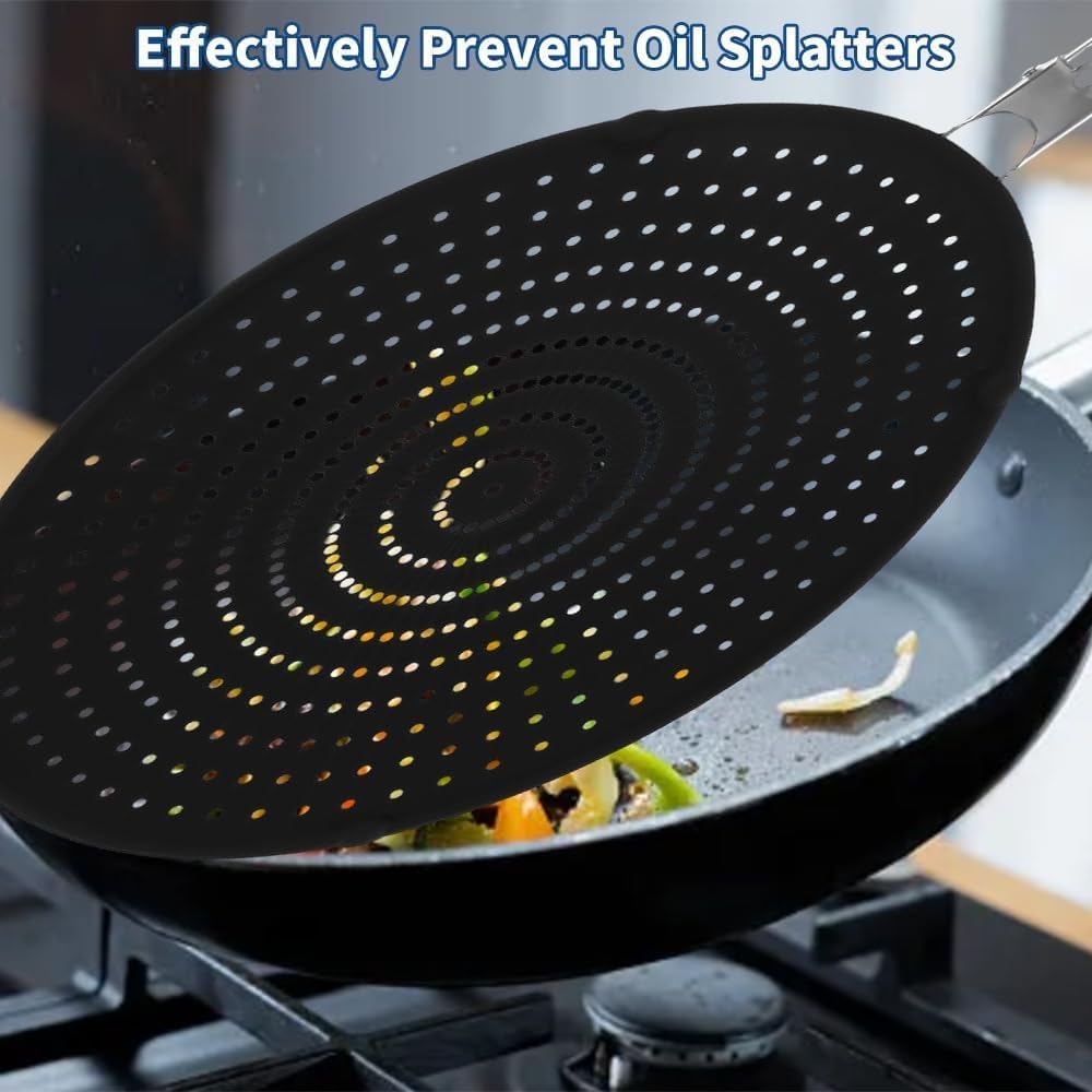 Silicone Splatter Screen for Frying Pan 14’’, Foldable Grease Splatter Guard with Anti-Slip Handle, Food Grade Silicone Washable Heat Resistant Oil Splash Guard