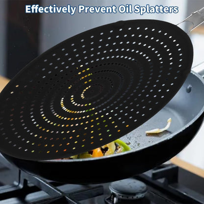 Silicone Splatter Screen for Frying Pan 14’’, Foldable Grease Splatter Guard with Anti-Slip Handle, Food Grade Silicone Washable Heat Resistant Oil Splash Guard