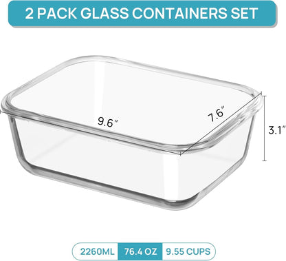 Vtopmart 2Pack 1860ml/63oz Large Glass Storage Containers with Lids, Meal Prep Food Container Set with Snap Airtight Lid for Baking, Microwave, Oven, Leak Proof, for Freezer, Dishwasher, Grey