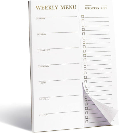 White Magnetic Meal Planner Notepad & Tear Off Weekly Grocery List for Fridge - Grocery Shopping List Notepad – Dinner List for Refrigerator - White and Gold Metalic Planner with 52 Sheets - 7 x 10 Inch