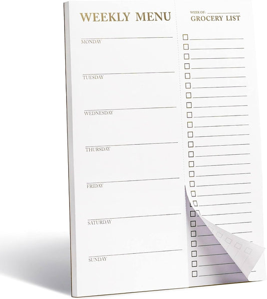 White Magnetic Meal Planner Notepad & Tear Off Weekly Grocery List for Fridge - Grocery Shopping List Notepad – Dinner List for Refrigerator - White and Gold Metalic Planner with 52 Sheets - 7 x 10 Inch