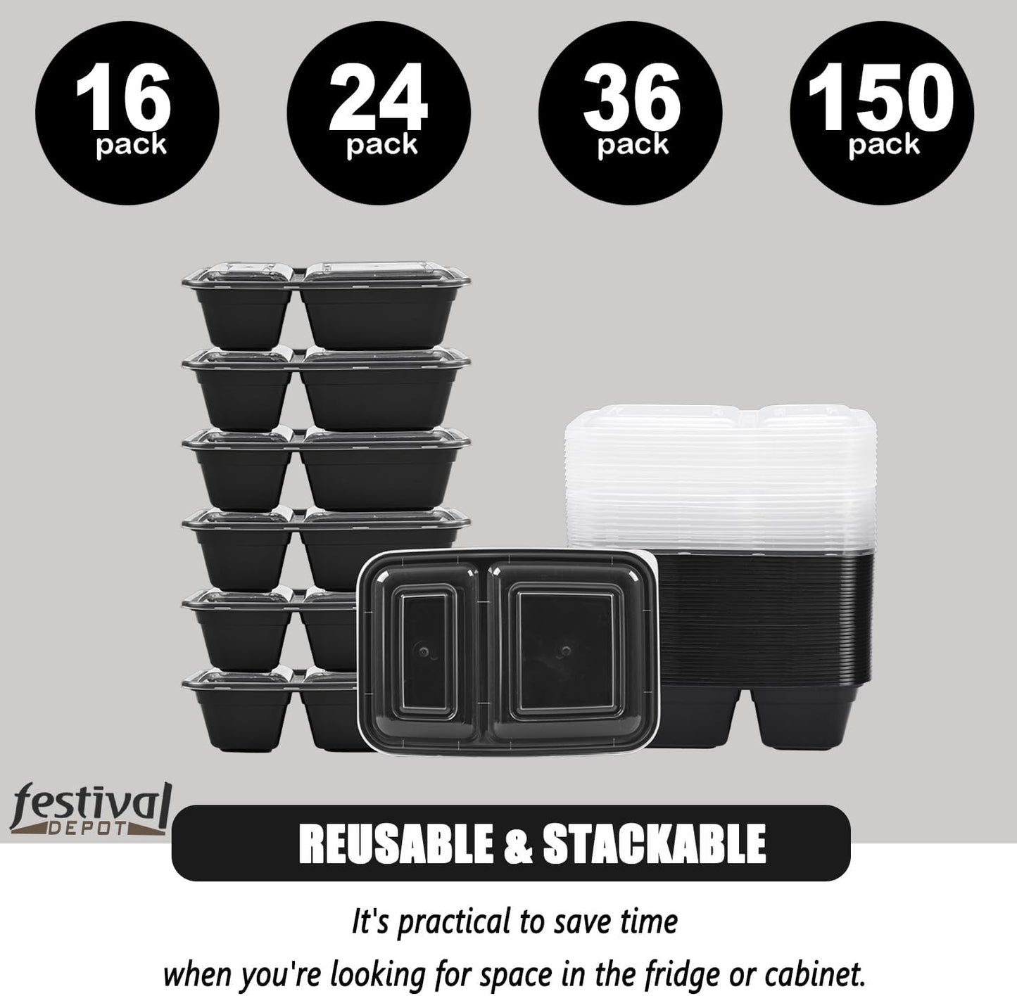 Sports Festival Meal Prep Containers Microwave Safe 16 Pack 2 Compartment with Lids, Food Storage Reusable, Stackable Bento Box, BPA Free, Freezer, Dishwasher Safe (32 oz)