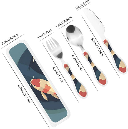 Stainless Steel Kids Silverware Set, Flat Koi Fish Utensil Set Reusable Children Safe Knife Spoon Fork Set With Storage Case Dishwasher Safe For Lunch, Travel Outdoors