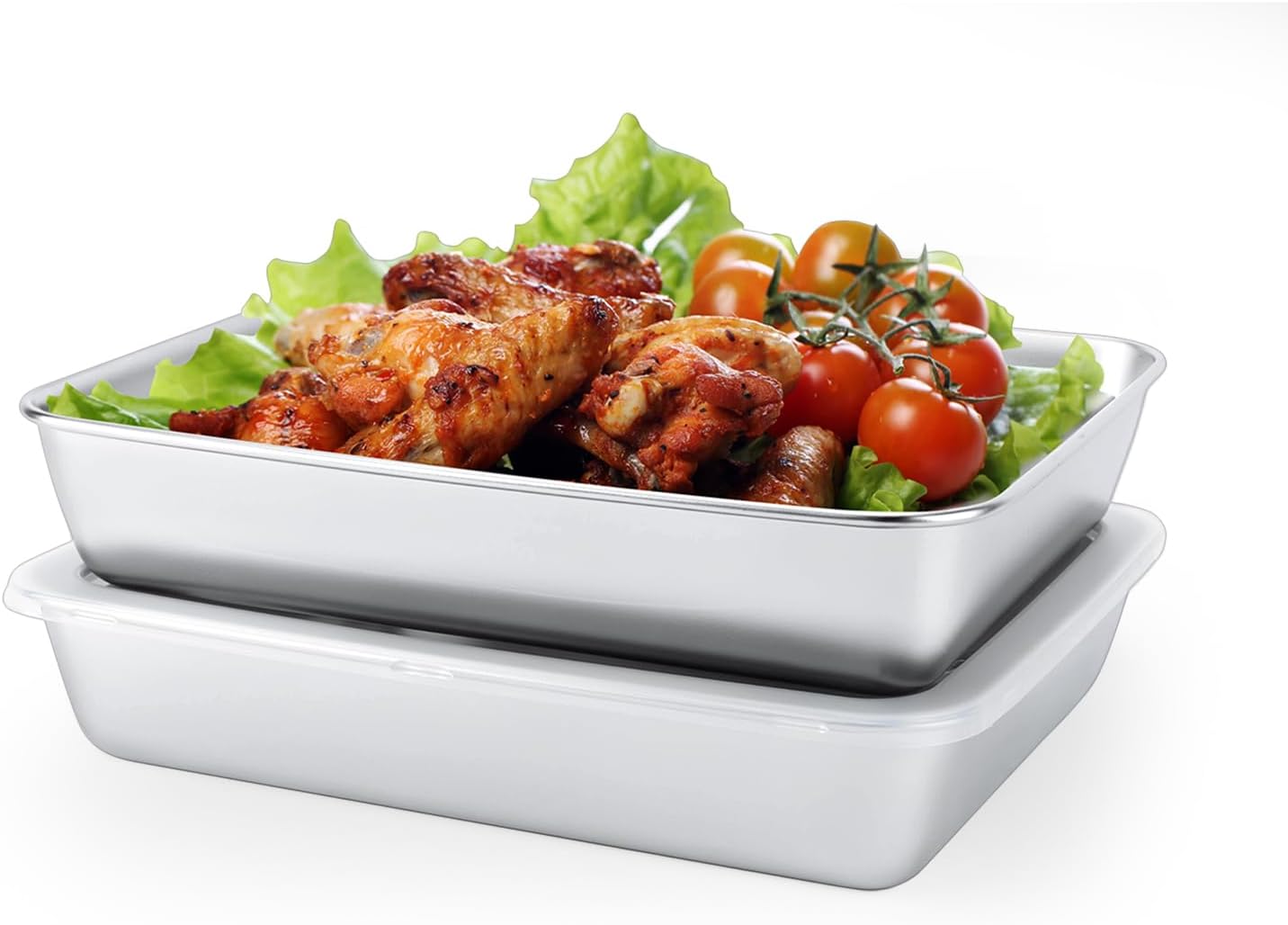 4 PCS Stainless Steel Food Storage Containers with lids,2.16 Inch Deep, 8x10 Inch Stainless Steel Oven plate, Metal Roasting Pan for Meal Prep、Meat, Rustproof & Heavy, Freezer & Dishwasher Safe