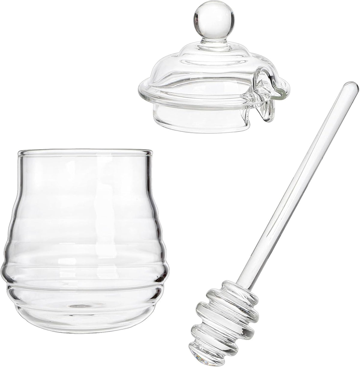 Lawei Glass Honey Jar with Dipper and Lid, 10 OZ Heat-Resistant Bee Hives Honey Pot, Clear Glass Honey Container for Store Honey and Syrup, Home and Kitchen, Easy to Clean, Dishwasher Safe