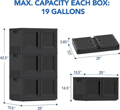 FLEXIMOUNTS 304 QT Stackable Storage Bins With Lids, Collapsible Plastic Storage Bins and Storage Containers with Doors and Built-in Wheels For Home, 4 Pack Cubes, Black