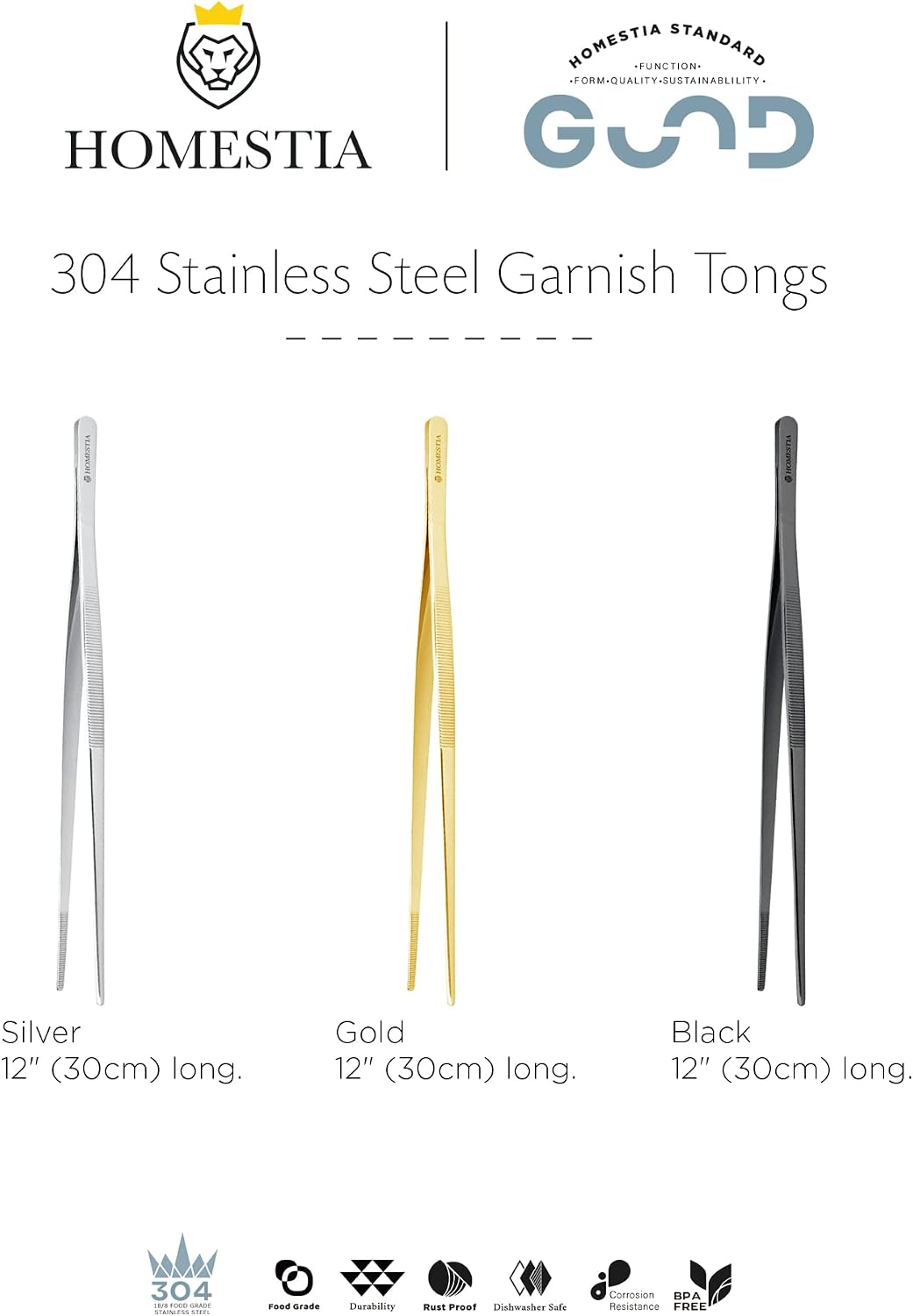 Homestia 12" Kitchen Tweezers Fine Tweezer Tongs, Extra-Long 304 Stainless Steel Cooking Tweezers, Multi-function Metal Tongs with Precision Serrated Tips for Chef, Cocktail, Serving Food, BBQ Gold