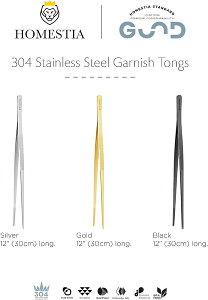 Homestia 12" Kitchen Tweezers Fine Tweezer Tongs, Extra-Long 304 Stainless Steel Cooking Tweezers, Multi-function Metal Tongs with Precision Serrated Tips for Chef, Cocktail, Serving Food, BBQ Gold