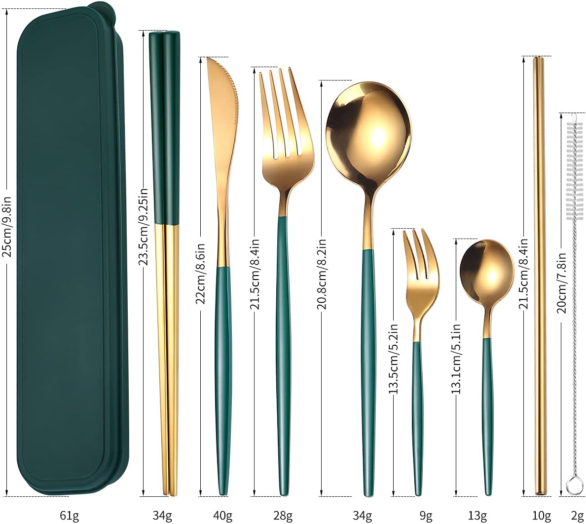 AARAINBOW 8 Pieces Stainless Steel Flatware Set Portable Reusable Cutlery Set Travel Utensils Set Including Chopsticks Knife Fork Spoon Straws Cleaning Brush Dishwasher Safe (Pink Golden)