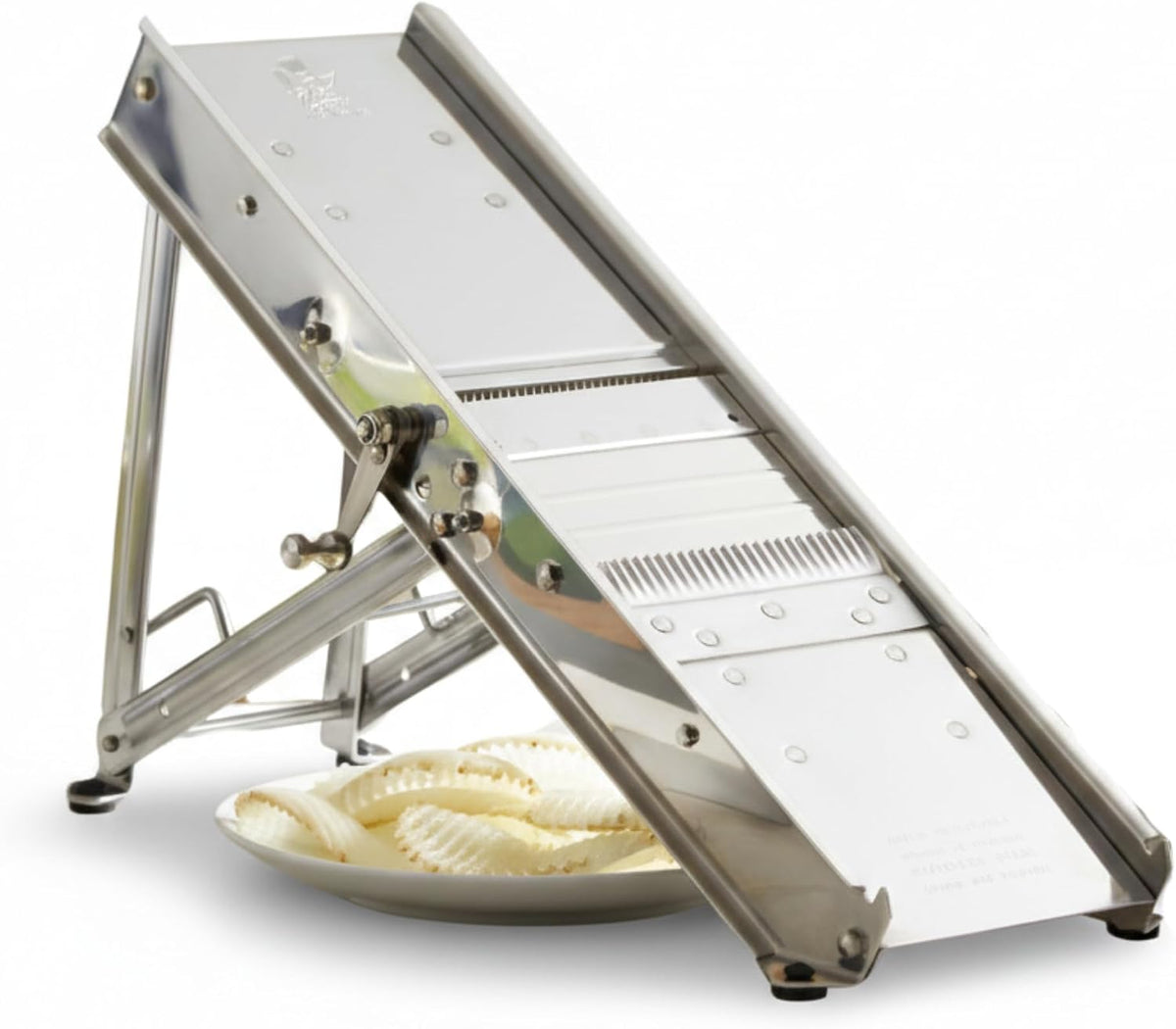 ICO by Bron Coucke Professional Mandoline Slicer by Tellier with Hand Guard – Heavy Duty Stainless Steel Mandoline Slicer – Adjustable Built-in Straight, Julienne, & Crinkle Blades – Crafted in France