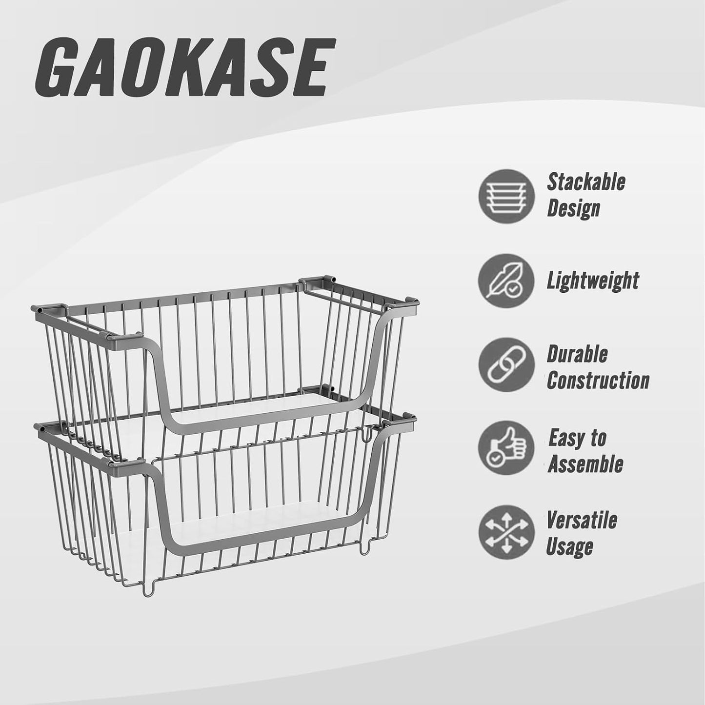 GAOKASE 4 Pcs Stackable Wire Baskets for Pantry Organizers and Storage,Vegetable Fruit Basket for Countertop,Kitchen Storage Metal Baskets,Produce Potato Onion Storage Bin-Black