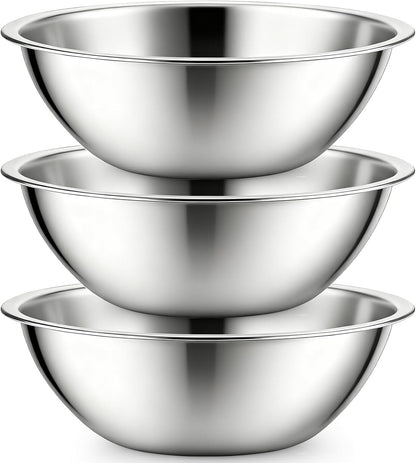 3 Pack Stainless Steel Mixing Bowls, 6 Quart Flat Base Stainless Steel Serving Bowls, 12.6 Inch Mirror Polish Large Metal Bowl Set for Kitchen Cooking, Baking, Prepping