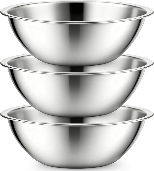 3 Pack Stainless Steel Mixing Bowls, 6 Quart Flat Base Stainless Steel Serving Bowls, 12.6 Inch Mirror Polish Large Metal Bowl Set for Kitchen Cooking, Baking, Prepping