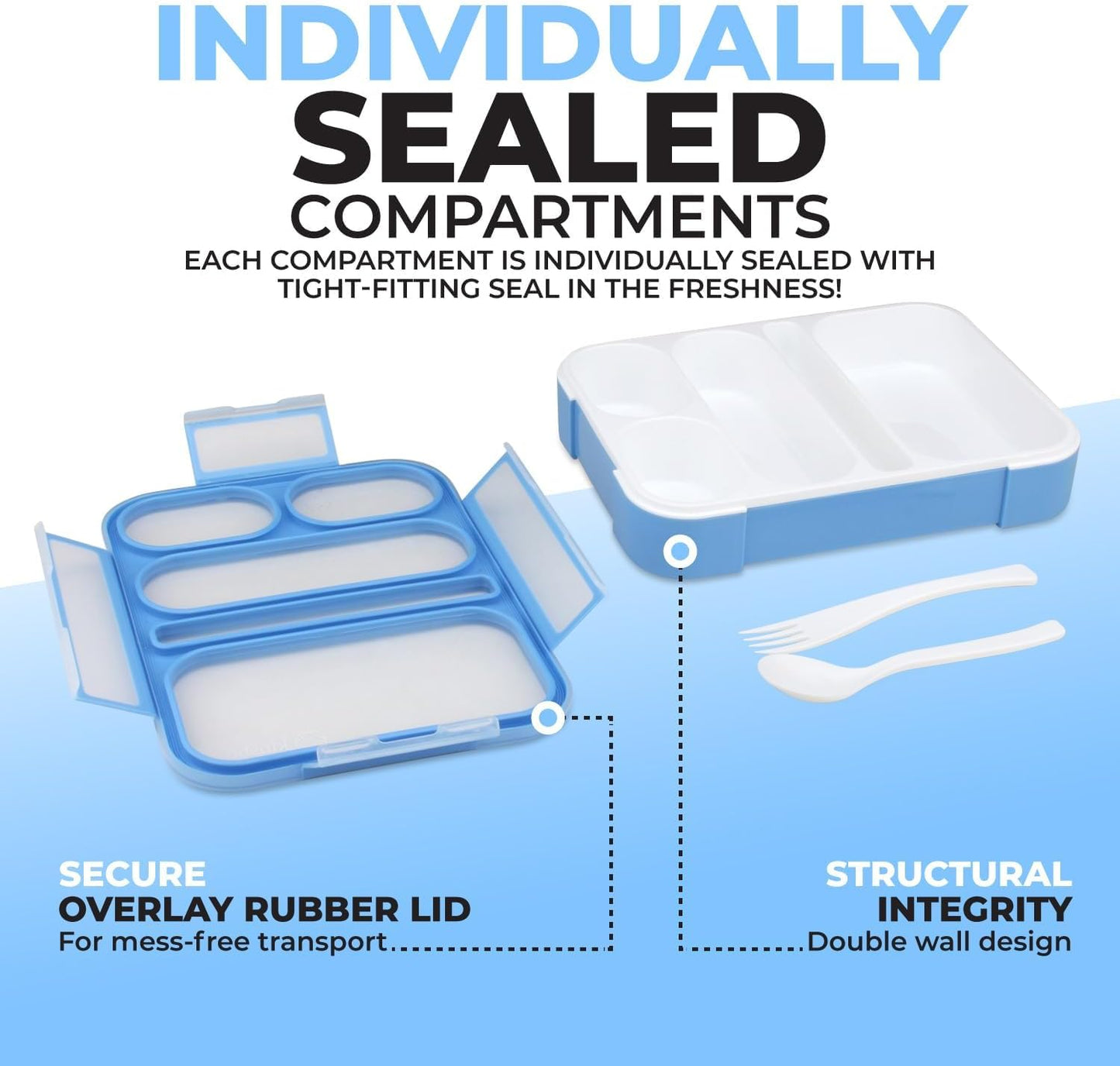 Bento Lunch Box Kids & Adults, Lunch and Snack Containers for Boys & Girls with 3 Compartments - School, Work Daycare, Meal Planning Portion Control Container, BPA-Free Boxes, Utensils, Blue 1 pack