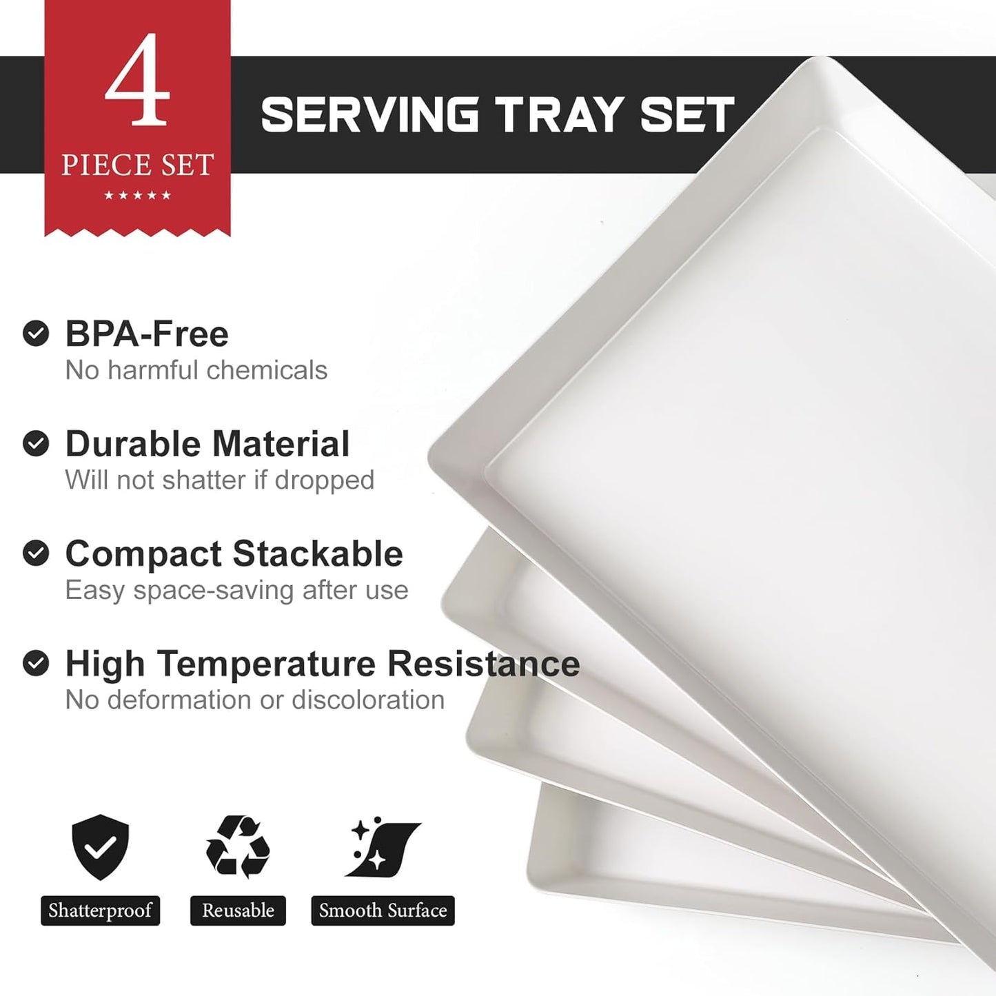 8 Pack, 16" x 11" Large White Serving Trays Set - Reusable Plastic Serving Platters for Cookie, Appetizer, Charcuterie, Snack, Dessert, Party Food Display - Stackable Kitchen CounterTop Tray, BPA Free