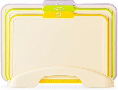 Plastic Cutting Boards for Kitchen, 4-Pieces Cutting Board With Food Icons And Storage Stand, Easy Grip Handle, Professional Chopping Board Set for Meat, Veggies, Fruits（12.9"X 9.4" X 3.1")