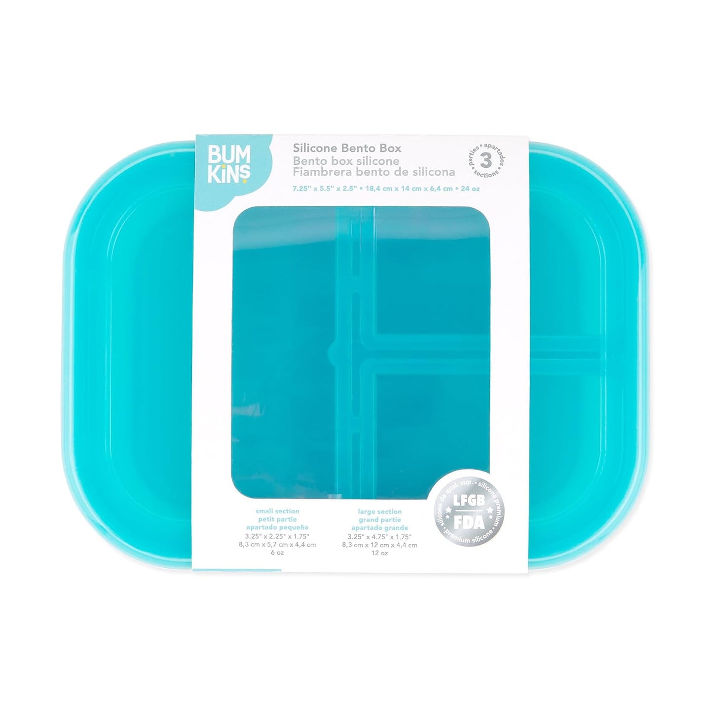 Bumkins Snack/Lunch Bento Box for Kids and Adults, 3 Compartment Container, Leak Proof Lid, for Portioning, Large Section Can Hold Sandwich, Food-Safe LFGB Platinum Silicone, Microwave-Safe, Pink