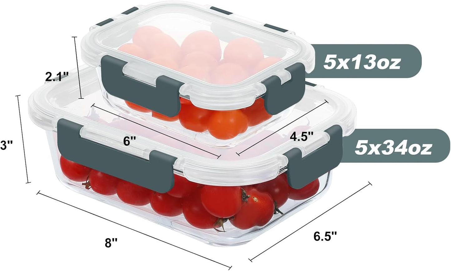 KOMUEE 10 Pack Glass Food Storage Containers, Meal Prep Containers with Lids, Airtight Glass Lunch Boxes, Freezer, Oven, and Microwave Safe, Pink
