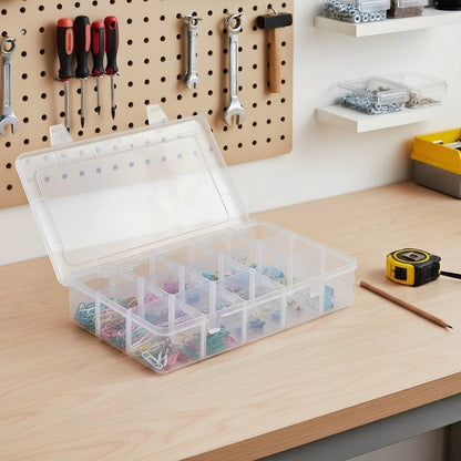 2 Pack Plastic Organizer Box with 14 Removable Dividers,15-Compartment Clear Storage Box for Crafts, Beads, Jewelry & Small Parts (10.5x6.5x2.2 Inches)