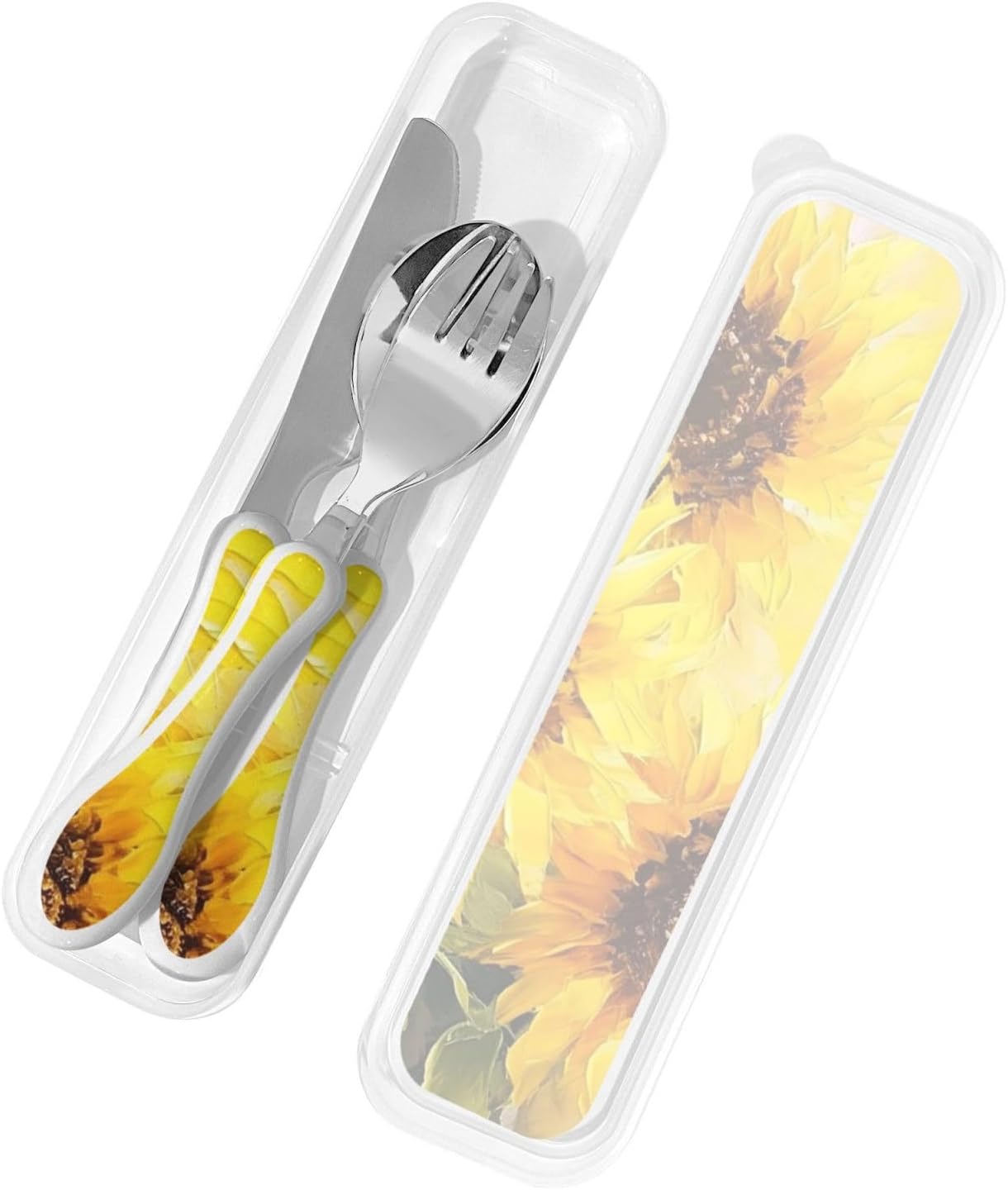 3-Piece Kids Silverware Set With Storage Case, Stainless Steel Reusable Children Safe Knife Spoon Fork Set Yellow Sunflowers Children Flatware Set For Kids Lunch Box