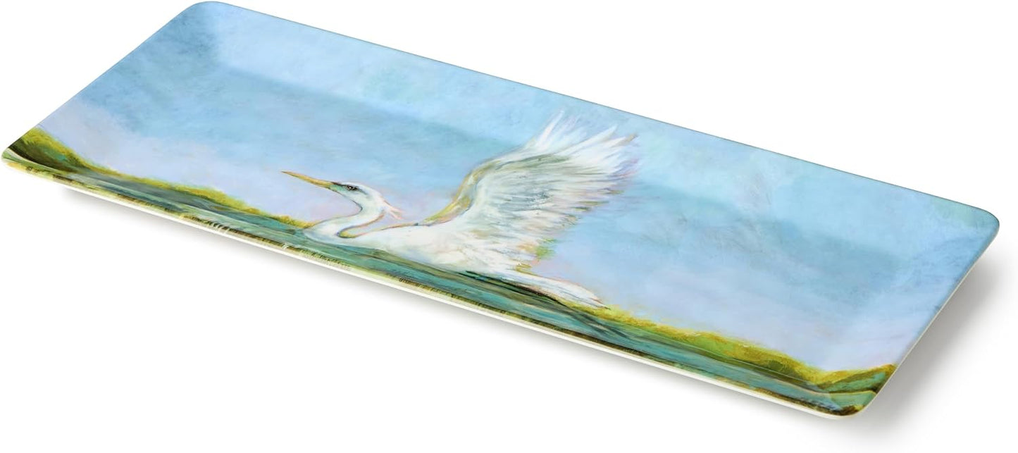 Coastal Birds Melamine 3-Pc. HOSTESS SERVING SET – Chip & Dip, 3-Section Relish Tray, Rectangular Platter – Shatterproof BPA-Free Outdoor Serving for Beach House Entertaining, Appetizers & Seafood