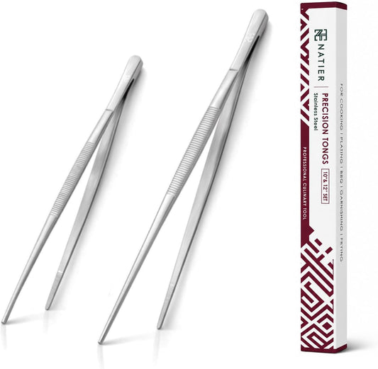 Heavy Duty Stainless Steel Tweezer Tongs 10'' and 12'' Set – Precision Cooking Tongs for Grilling, Plating, BBQ, and Kitchen Use