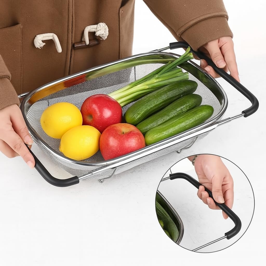 2 PackPremium Quality Over The Sink Stainless Steel Oval Colander with Fine Mesh 6 Quart Strainer Basket & Expandable Rubber Grip Handles - Strain, Drain, Rinse Fruits, Vegetables1