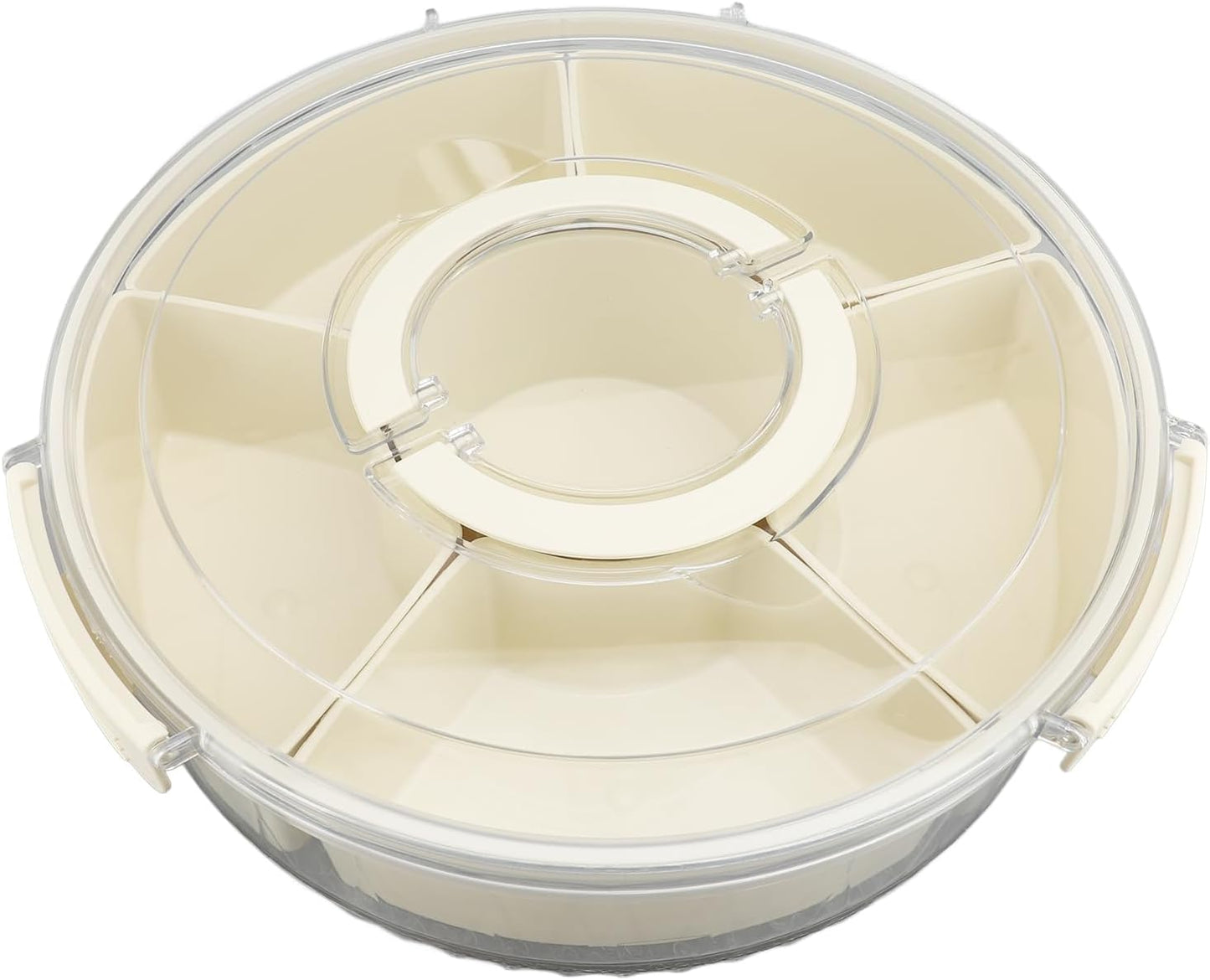 Divided Serving Tray, 360 Degree Rotating Snack Container with 6 Compartments and Transparent Cover Lid, for Party Picnic Beach Travel