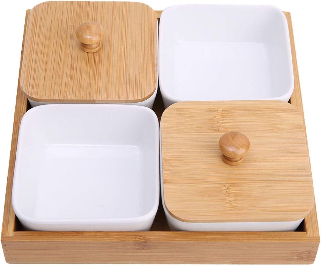 Ceramic Snack Serving Tray Compartment Serving Platter with Lid and Pallets Removable Container Food Storage for Appetizer, Condiments, Nuts(4 grid)