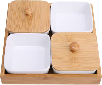Ceramic Snack Serving Tray Compartment Serving Platter with Lid and Pallets Removable Container Food Storage for Appetizer, Condiments, Nuts(4 grid)