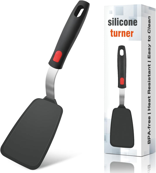 Silicone Spatula Set, Heat Resistant Solid & Slotted Turner for Non-Stick Pans, Silicone Cooking Utensils Set, BPA-Free, Flexible Spatula Turner for Flipping Eggs, Burgers, Pancakes, Black, 3 PCS-A