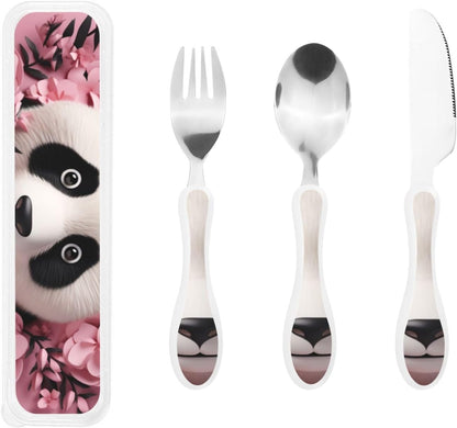 3-Piece Kids Silverware Set With Storage Case, Stainless Steel Reusable Children Safe Knife Spoon Fork Set Leaves Floral On Rustic Wood Children Flatware Set For Kids Lunch Box