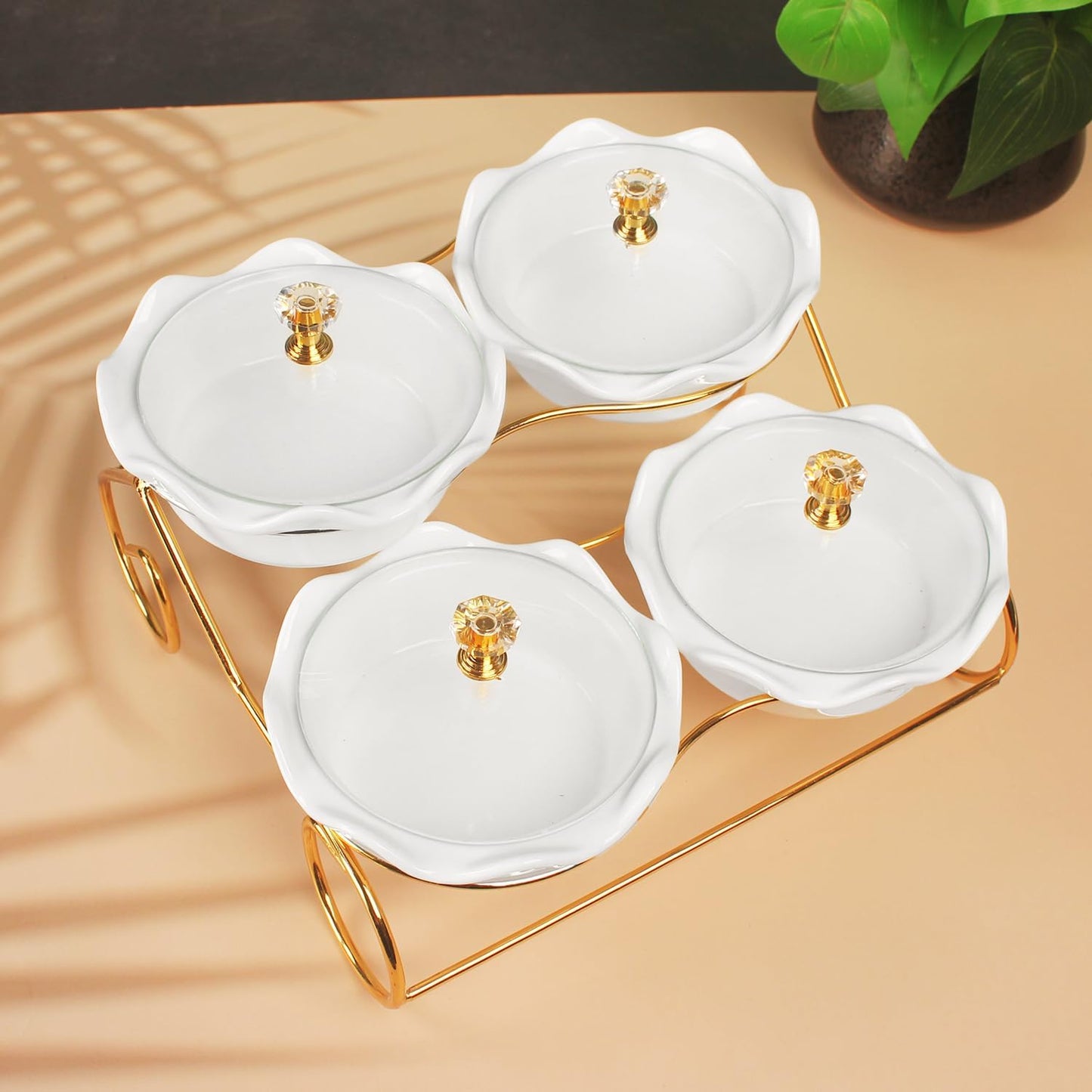 Candy bowl Ceramic Condiment Bowl with lid Metal Tray, 4 Removable small bowls with glass lid relish plate for Snack, Nuts,candies and condiments - for birthday, parties, Holiday gift