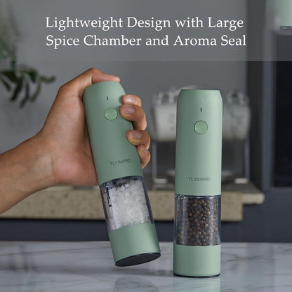 Electric Salt and Pepper Grinder Set, USB Rechargeable, Automatic Salt and Pepper Mill Grinder with Adjustable Coarseness, Electric Salt Shakers, LED Light, Refillable (2 Packs, Greige)