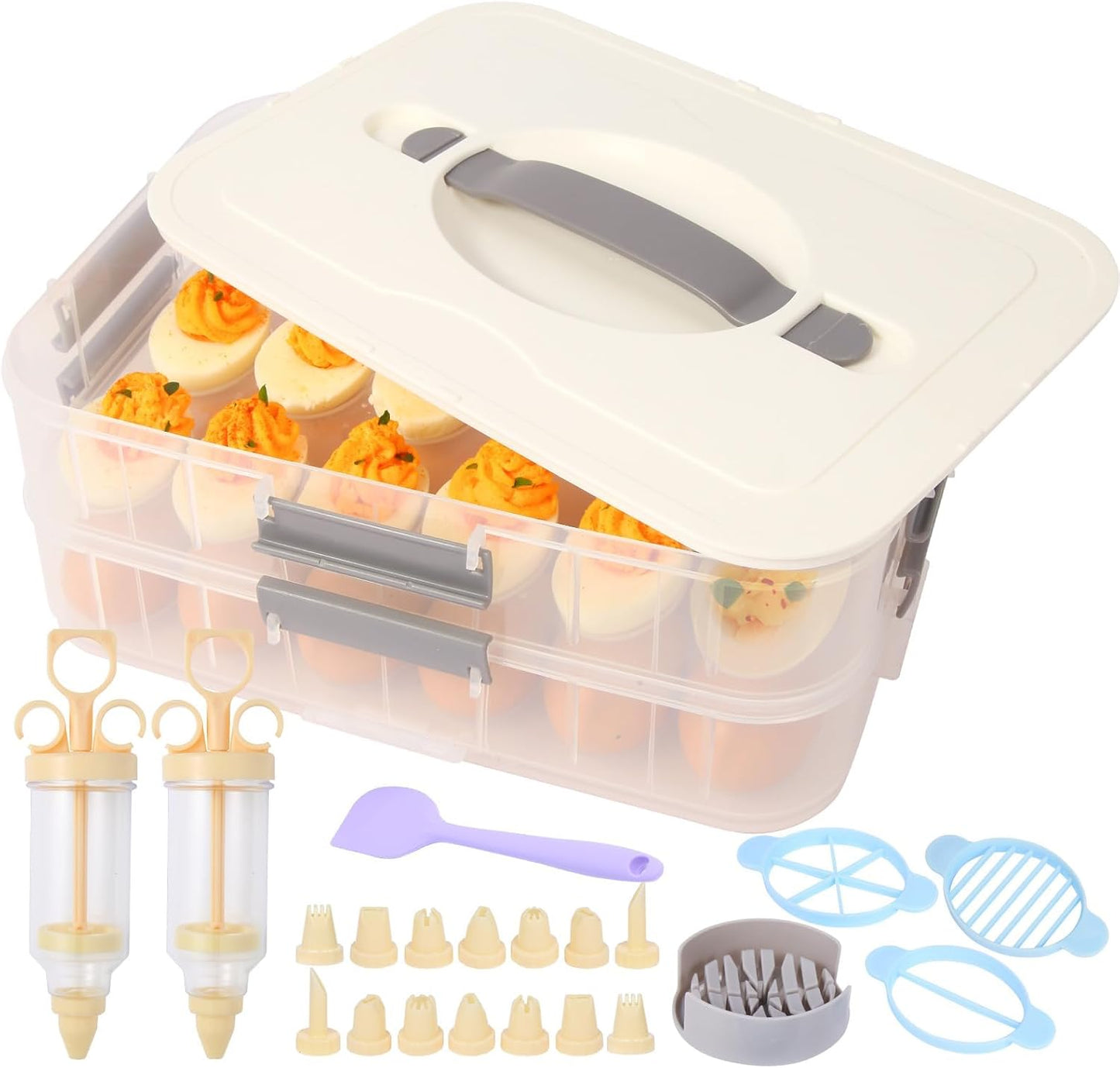 2-Layer Deviled Egg Containers With Lid,36pcs Easter Deviled Egg Tray Carrier with Handl Injector Piping Tool,Portable Stackable Egg Holder Platter Holder Organizer for Refrigerator Party Picnic Event