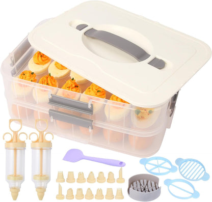 2-Layer Deviled Egg Containers With Lid,36pcs Easter Deviled Egg Tray Carrier with Handl Injector Piping Tool,Portable Stackable Egg Holder Platter Holder Organizer for Refrigerator Party Picnic Event